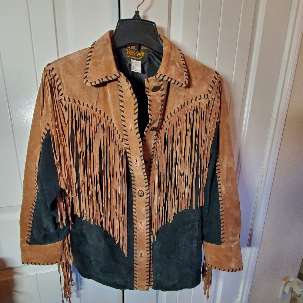Bob Mackie Wearable Art Blk Suede Brn Fringe Jacket XS